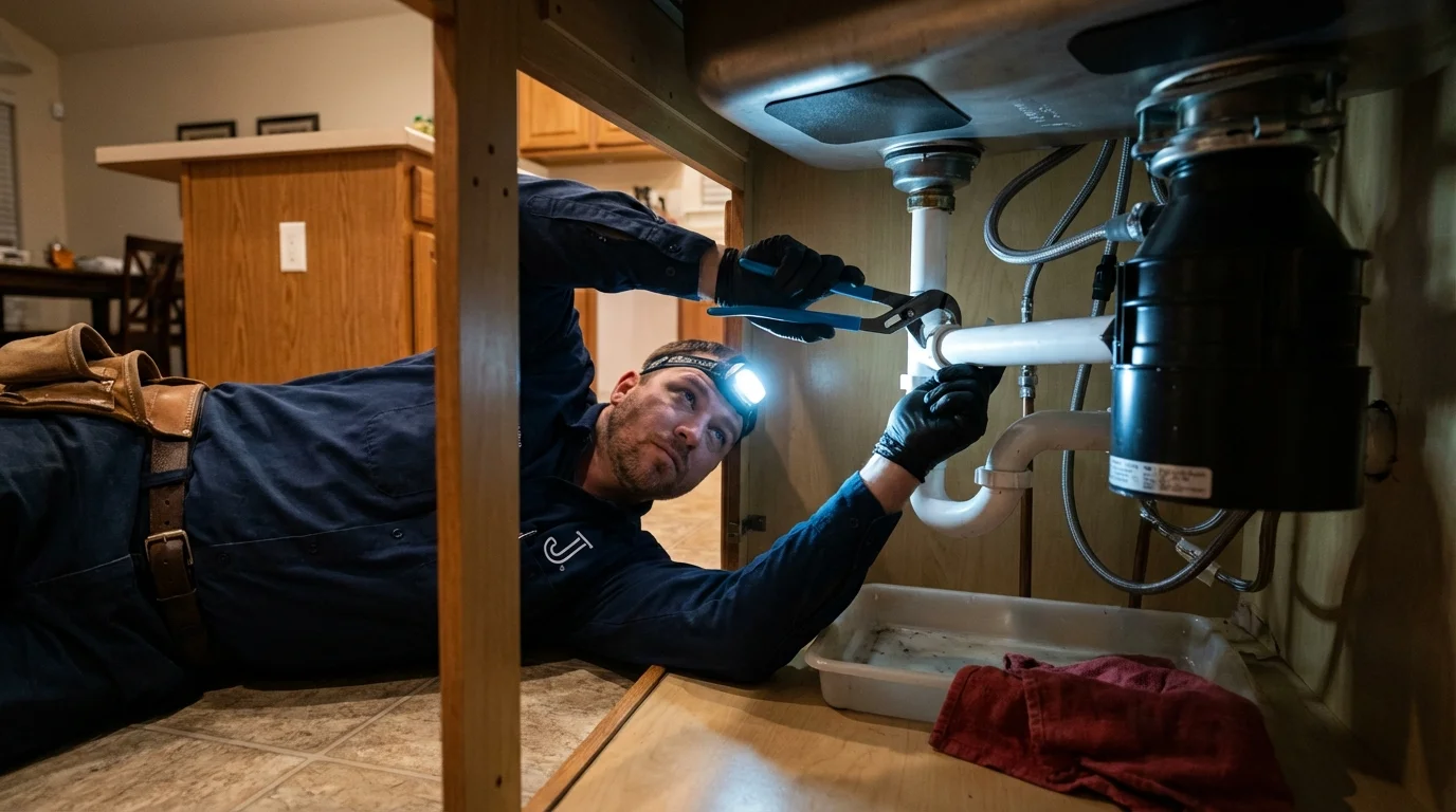 P-trap and supply line connections under a kitchen sink showing a common leak point in Conway, SC